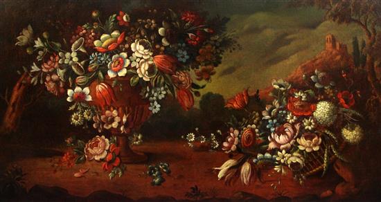 Follower of Cornelis de Heem (1631-1695) An urn of flowers alongside a basket of flowers, a landscape beyond, 22 x 43.5in.